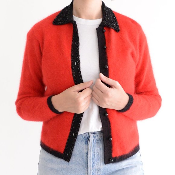 Vintage Refaella Petites Red 45% Rabbit Hair 40% Lambswools Button Down Cardigan - Picture 2 of 12